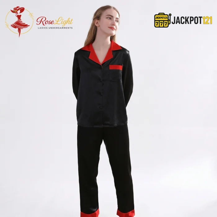 Satin V-Neck Elegance with Notched Collar – Luxury Button Down Pajama Set - Image 2