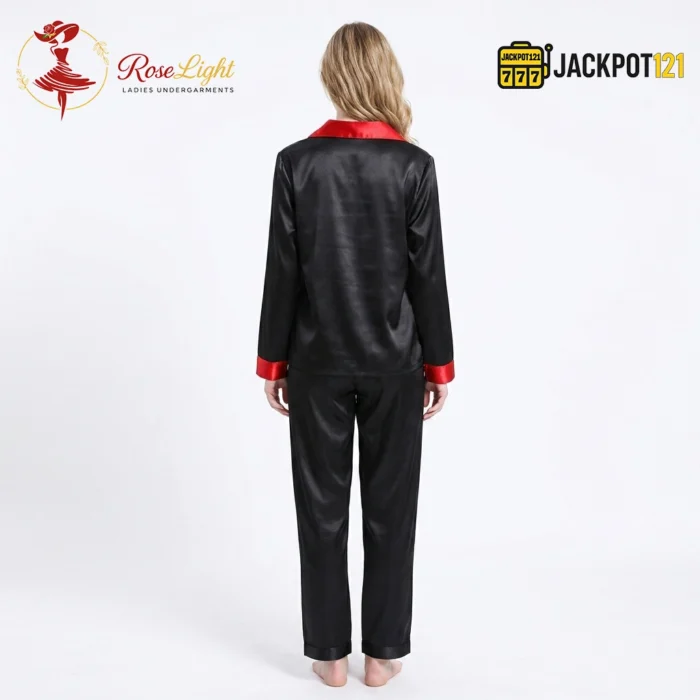 Satin V-Neck Elegance with Notched Collar – Luxury Button Down Pajama Set - Image 3