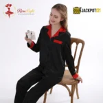 Satin V-Neck Elegance with Notched Collar – Luxury Button Down Pajama Set - Image 4