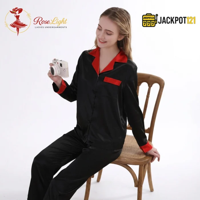 Satin V-Neck Elegance with Notched Collar – Luxury Button Down Pajama Set - Image 4