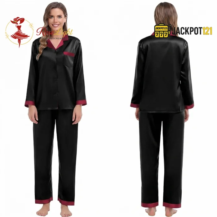 Satin V-Neck Elegance with Notched Collar – Luxury Button Down Pajama Set - Image 5