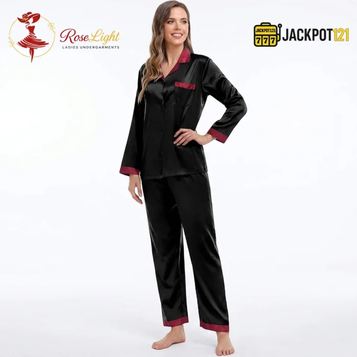 Satin V-Neck Elegance with Notched Collar – Luxury Button Down Pajama Set - Image 7