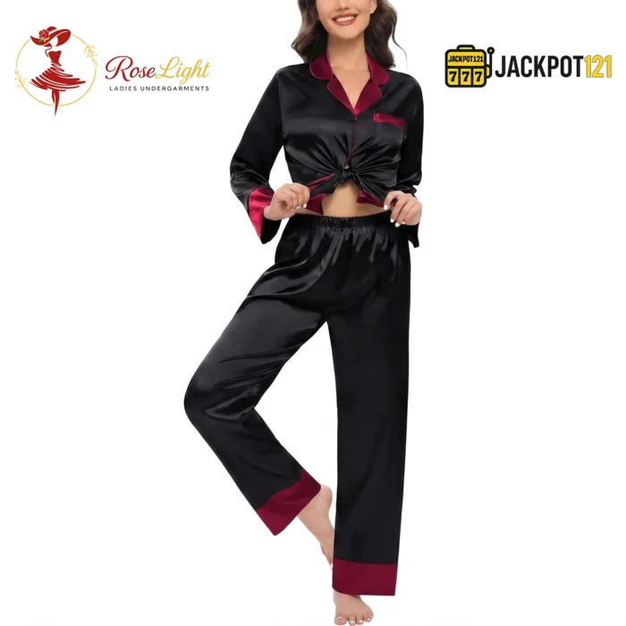 Satin V-Neck Elegance with Notched Collar – Luxury Button Down Pajama Set - Image 9