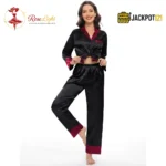 Satin V-Neck Elegance with Notched Collar – Luxury Button Down Pajama Set - Image 10