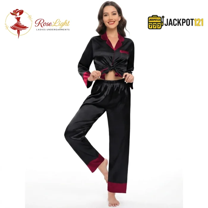 Satin V-Neck Elegance with Notched Collar – Luxury Button Down Pajama Set - Image 10