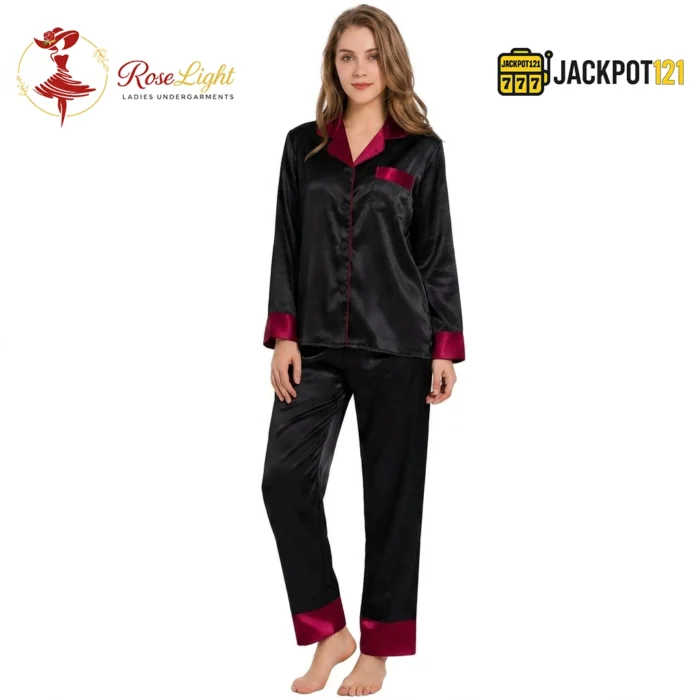 Satin V-Neck Elegance with Notched Collar – Luxury Button Down Pajama Set - Image 11