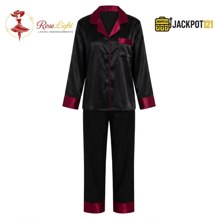 Satin V-Neck Elegance with Notched Collar – Luxury Button Down Pajama Set - Image 13