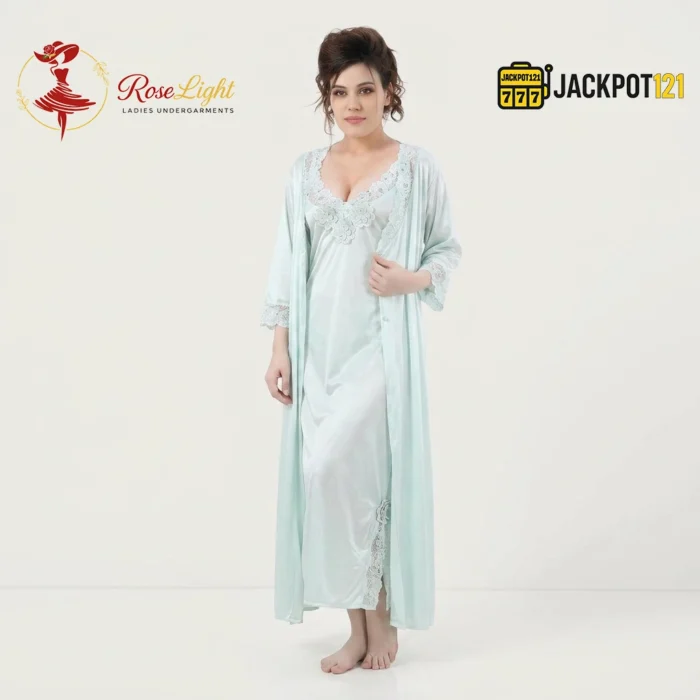 Satin Silk 2-Pcs Long Nightwear Lingerie - Image 16