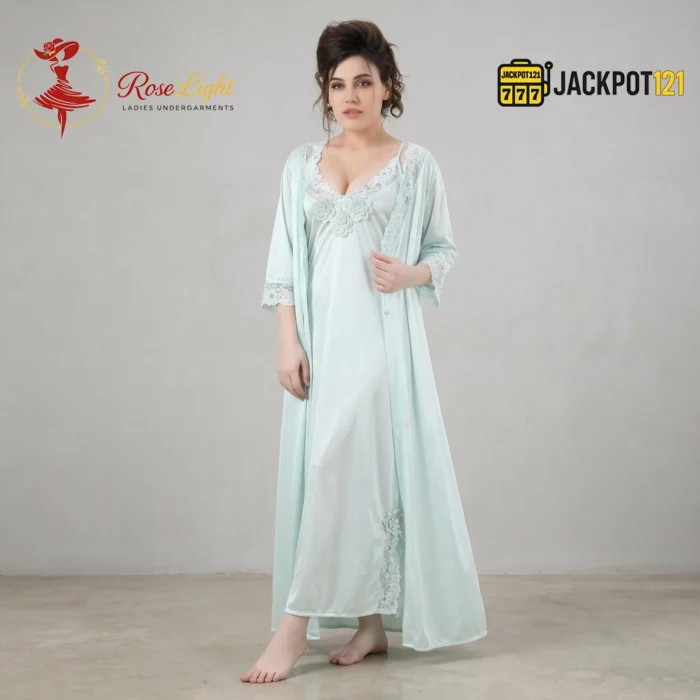 Satin Silk 2-Pcs Long Nightwear Lingerie - Image 17