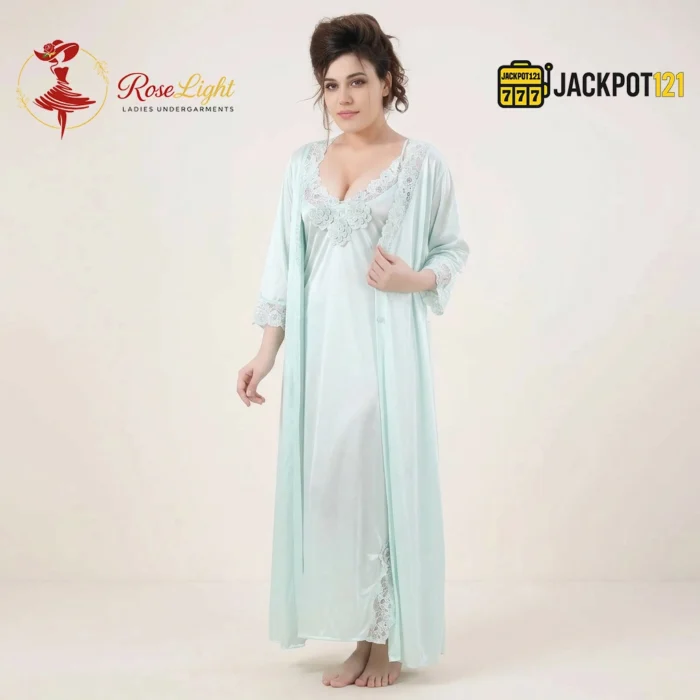 Satin Silk 2-Pcs Long Nightwear Lingerie - Image 18