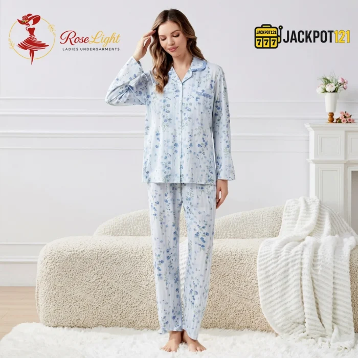 BloomSoft Floral Cotton Pajama Suit – Premium Button-Up Long Sleeve Sleepwear Set - Image 2
