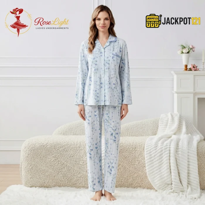 BloomSoft Floral Cotton Pajama Suit – Premium Button-Up Long Sleeve Sleepwear Set - Image 3