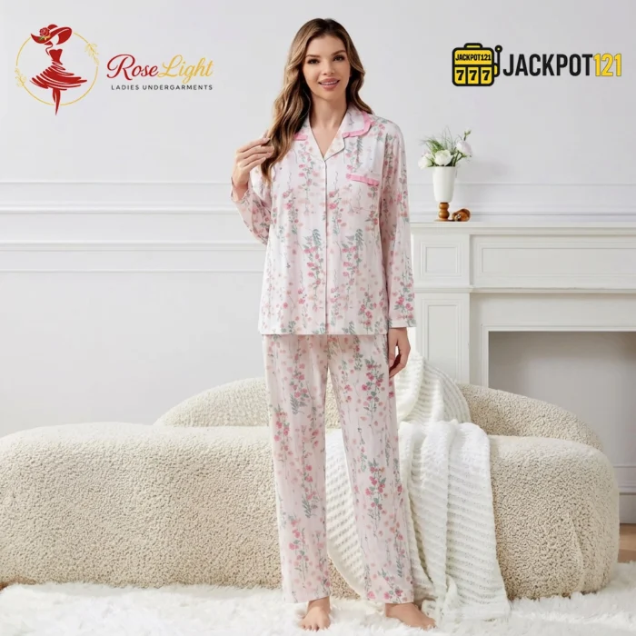 BloomSoft Floral Cotton Pajama Suit – Premium Button-Up Long Sleeve Sleepwear Set - Image 8