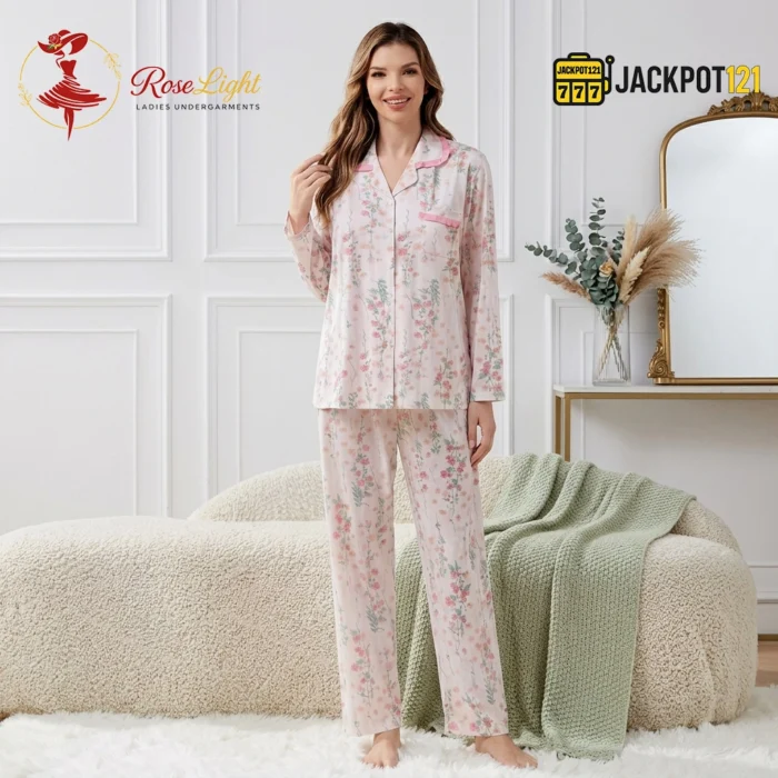 BloomSoft Floral Cotton Pajama Suit – Premium Button-Up Long Sleeve Sleepwear Set - Image 9
