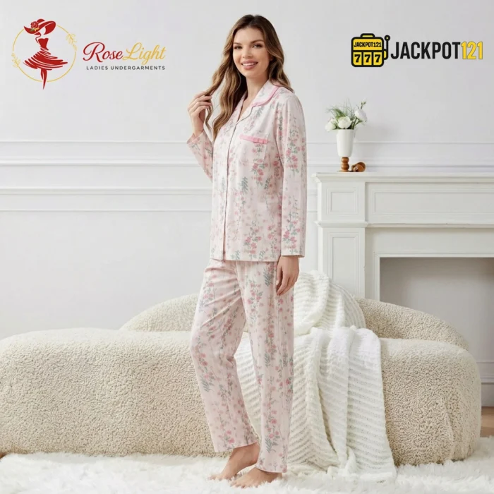BloomSoft Floral Cotton Pajama Suit – Premium Button-Up Long Sleeve Sleepwear Set - Image 10