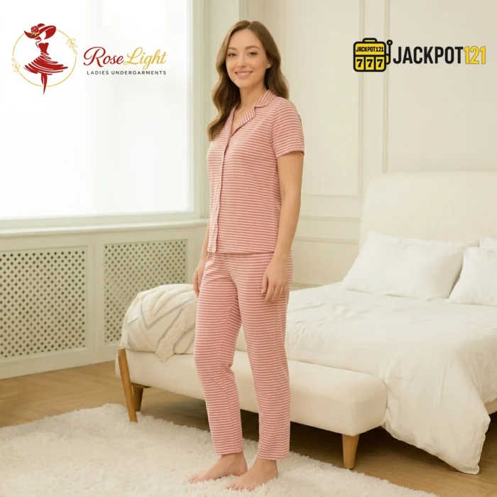 Blush Stripe Comfort Pajama Suit – Women's Button-Down Sleepwear Set - Image 2