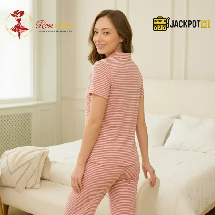 Blush Stripe Comfort Pajama Suit – Women's Button-Down Sleepwear Set - Image 5