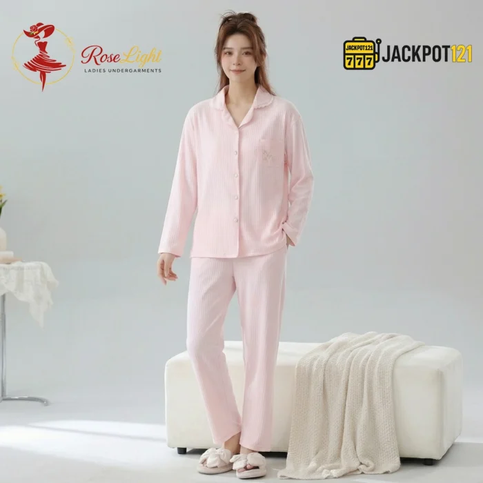 CloudSoft Ribbed Cotton Pajama Suit – Premium Button-Up Long Sleeve Loungewear Set - Image 5