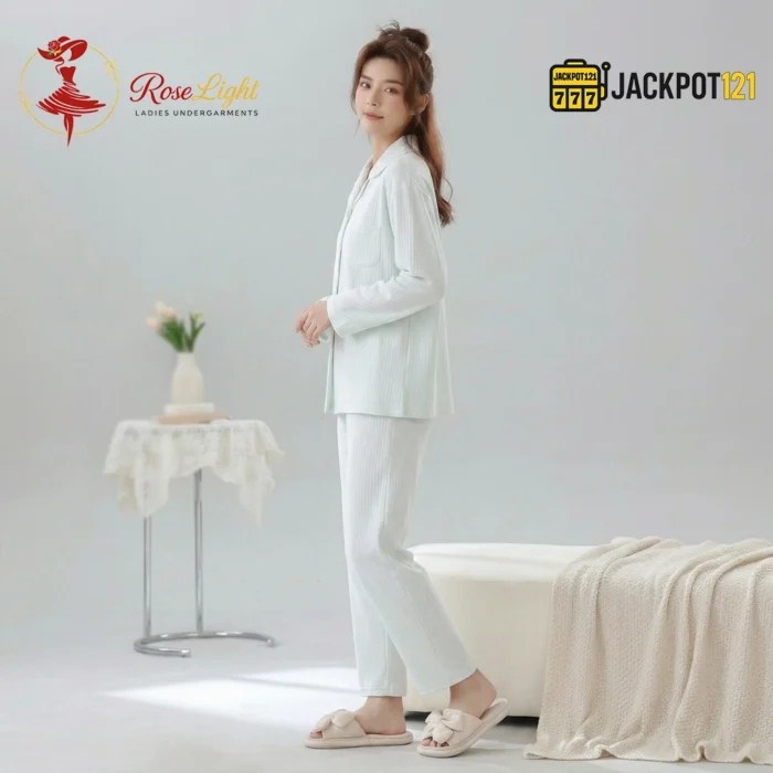 CloudSoft Ribbed Cotton Pajama Suit – Premium Button-Up Long Sleeve Loungewear Set - Image 10