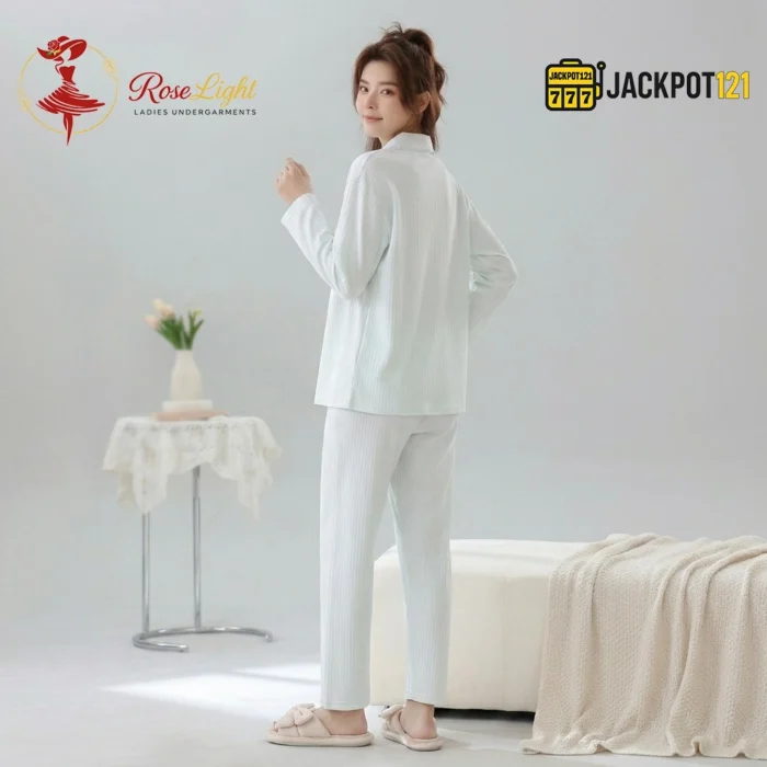 CloudSoft Ribbed Cotton Pajama Suit – Premium Button-Up Long Sleeve Loungewear Set - Image 12