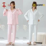 CloudSoft Ribbed Cotton Pajama Suit – Premium Button-Up Long Sleeve Loungewear Set