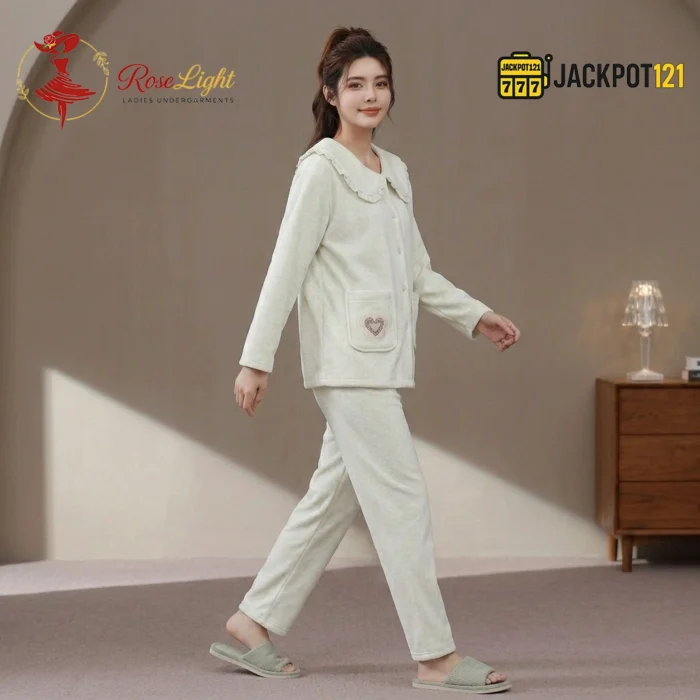 Cozy Hearts Fleece Pajama Suit – Soft Winter Button-Up Loungewear Set - Image 4
