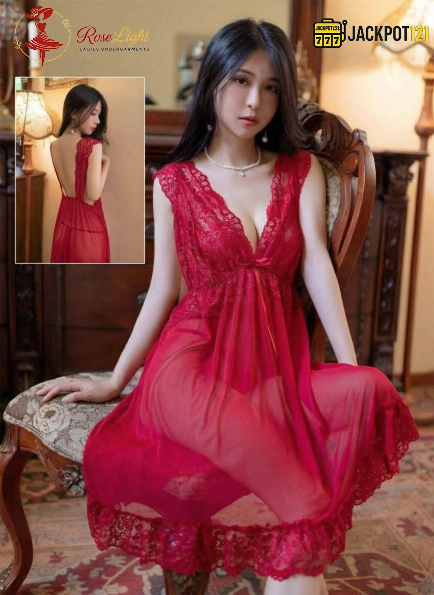 Crimson Lace Sheer Babydoll Dress 01 Crimson Lace Sheer Babydoll Dress - Image 1