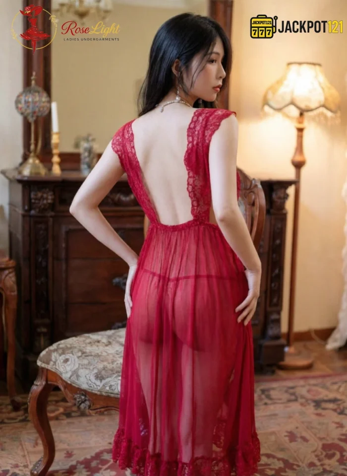 Crimson Lace Sheer Babydoll Dress - Image 4