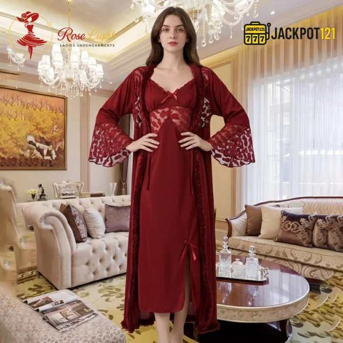 Crimson Velvet Robe & Nightgown Set - Image 2