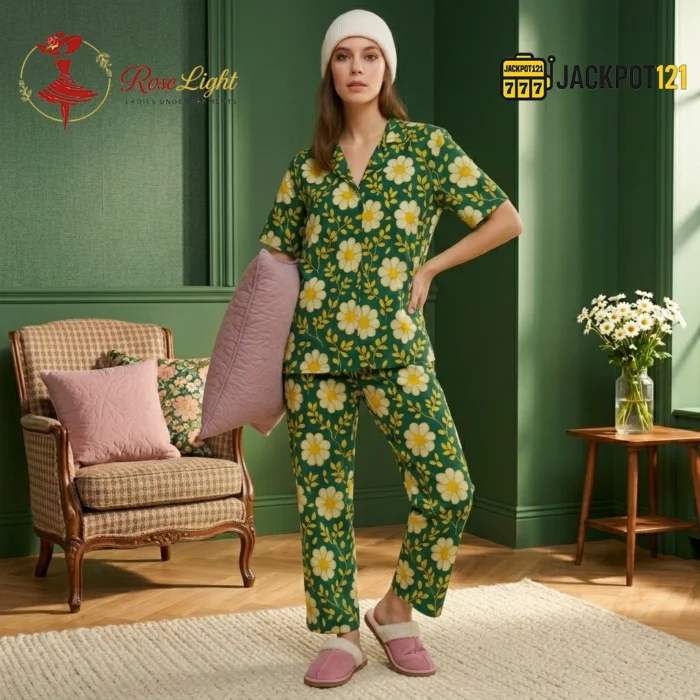 Daisy Bloom Cotton Pajama Suit Set – Soft Floral Lounge & Sleepwear for Women - Image 5