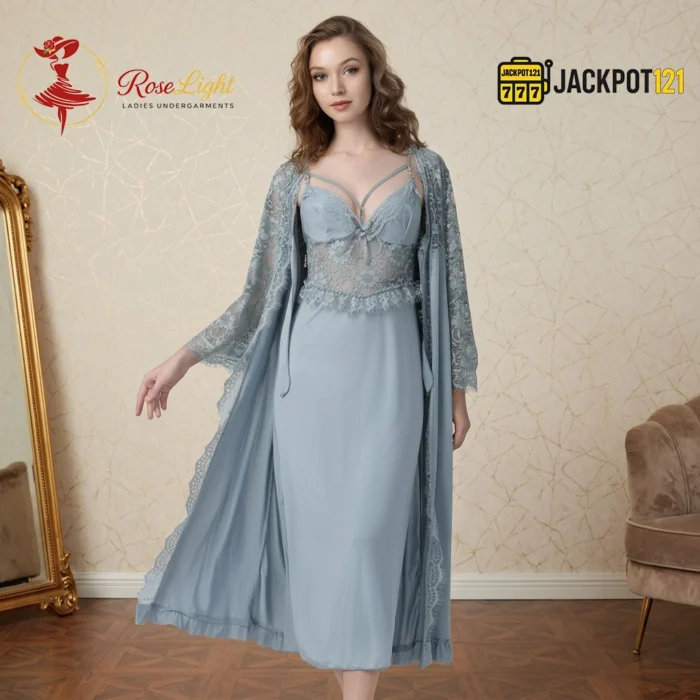 Luxury Lace Maxi Nighty Set with Elegant Long Robe – Premium Women Sleepwear Collection - Image 3