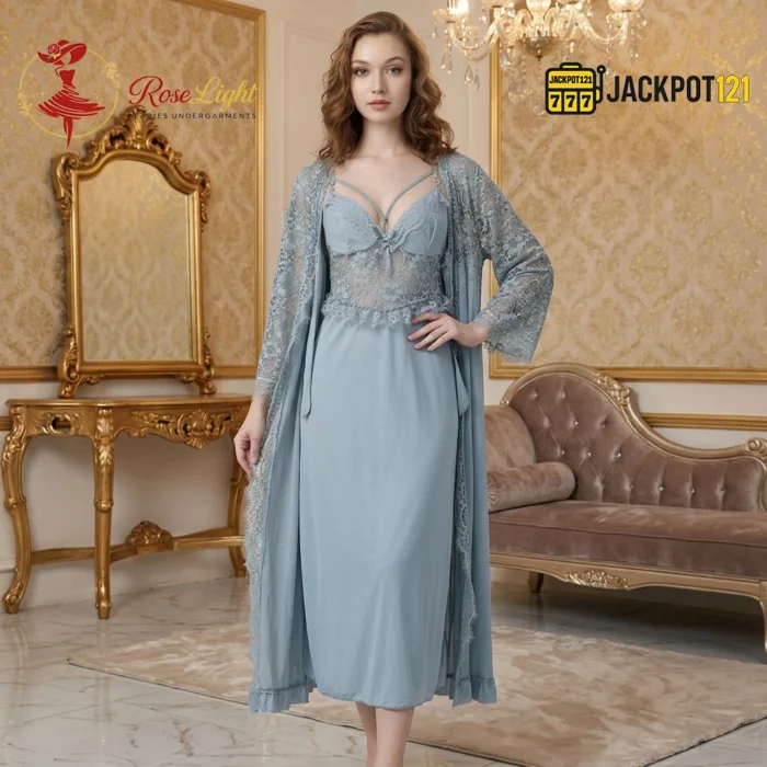 Luxury Lace Maxi Nighty Set with Elegant Long Robe – Premium Women Sleepwear Collection - Image 4
