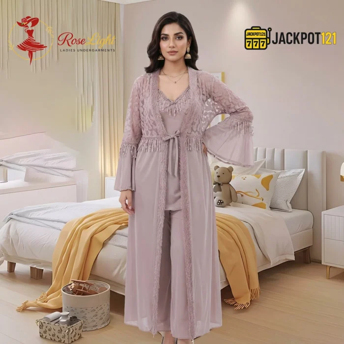 Luxury Lace Maxi Nighty Set with Elegant Robe – Premium Full-Length Women Sleepwear - Image 2