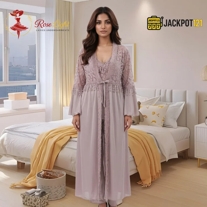 Luxury Lace Maxi Nighty Set with Elegant Robe – Premium Full-Length Women Sleepwear - Image 4