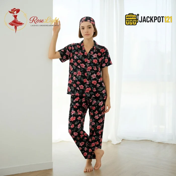 Midnight Blossom Pajama Suit – Elegant Floral Comfort for Relaxing Nights - Image 3