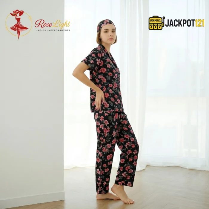 Midnight Blossom Pajama Suit – Elegant Floral Comfort for Relaxing Nights - Image 4