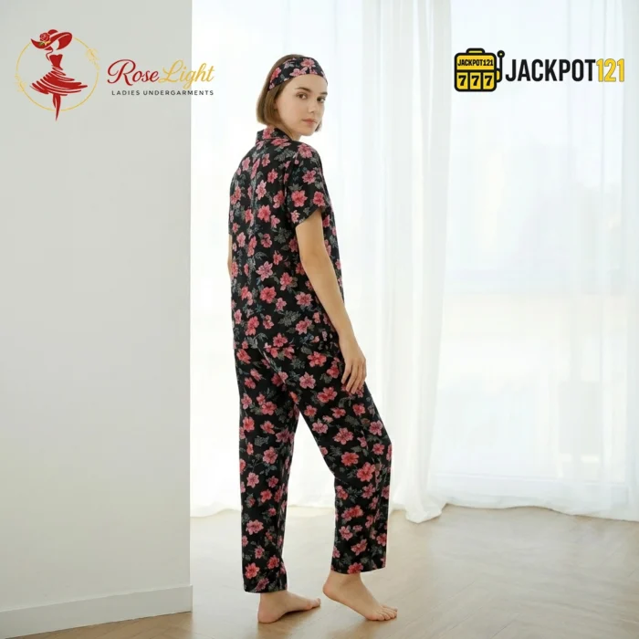 Midnight Blossom Pajama Suit – Elegant Floral Comfort for Relaxing Nights - Image 5