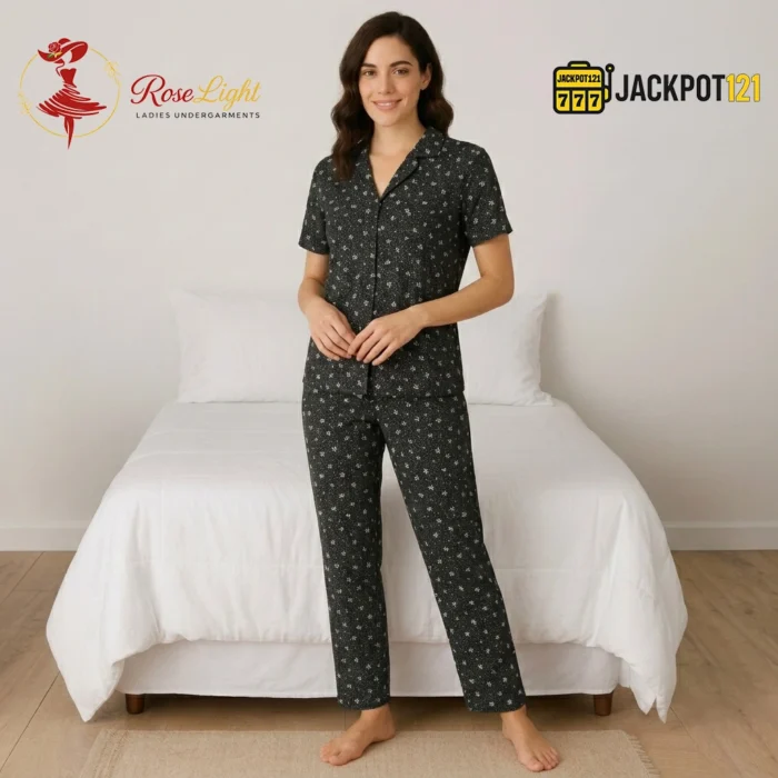 Midnight Daisy Classic Pajama Suit – Women's Full-Length Button-Down Sleepwear Set - Image 2