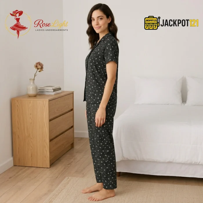 Midnight Daisy Classic Pajama Suit – Women's Full-Length Button-Down Sleepwear Set - Image 3