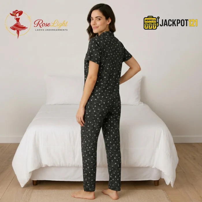 Midnight Daisy Classic Pajama Suit – Women's Full-Length Button-Down Sleepwear Set - Image 4