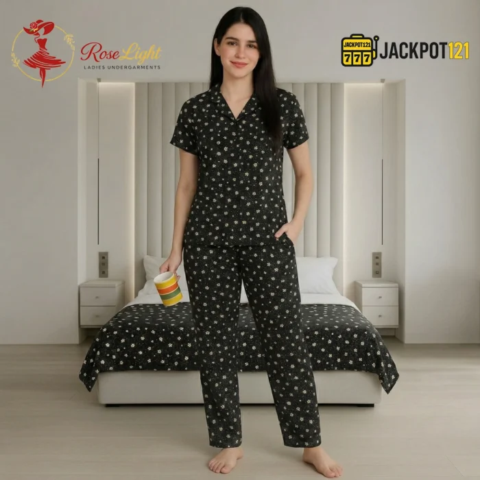 Midnight Daisy Printed Pajama Suit – Women's Comfortable Button-Down Sleepwear Set - Image 2