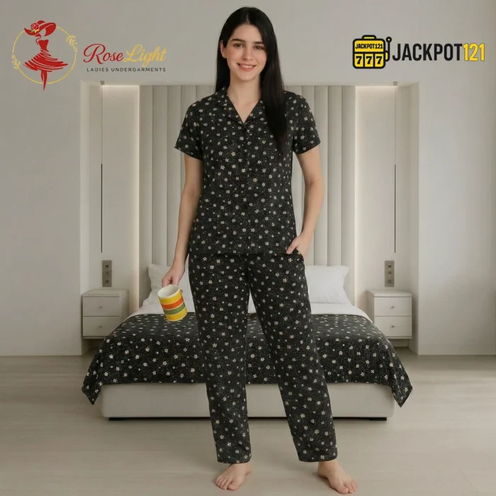 Midnight Daisy Printed Pajama Suit – Women's Comfortable Button-Down Sleepwear Set - Image 3