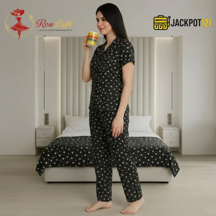 Midnight Daisy Printed Pajama Suit – Women's Comfortable Button-Down Sleepwear Set - Image 4