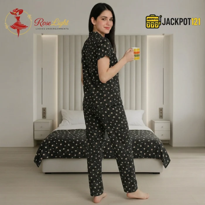 Midnight Daisy Printed Pajama Suit – Women's Comfortable Button-Down Sleepwear Set - Image 5