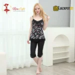 Midnight Floral Lace Capri Lounge Set – Sophisticated Comfort for Every Evening - Image 4