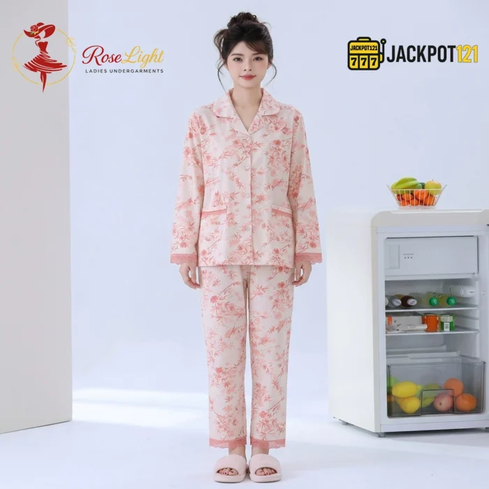 Premium Floral Button-Down Pajama Set for Women – Soft Cotton Night Suit - Image 3