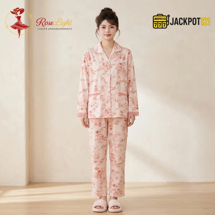 Premium Floral Button-Down Pajama Set for Women – Soft Cotton Night Suit - Image 5