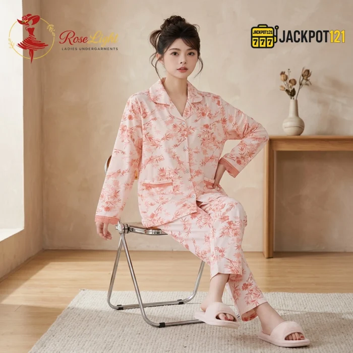 Premium Floral Button-Down Pajama Set for Women – Soft Cotton Night Suit - Image 7