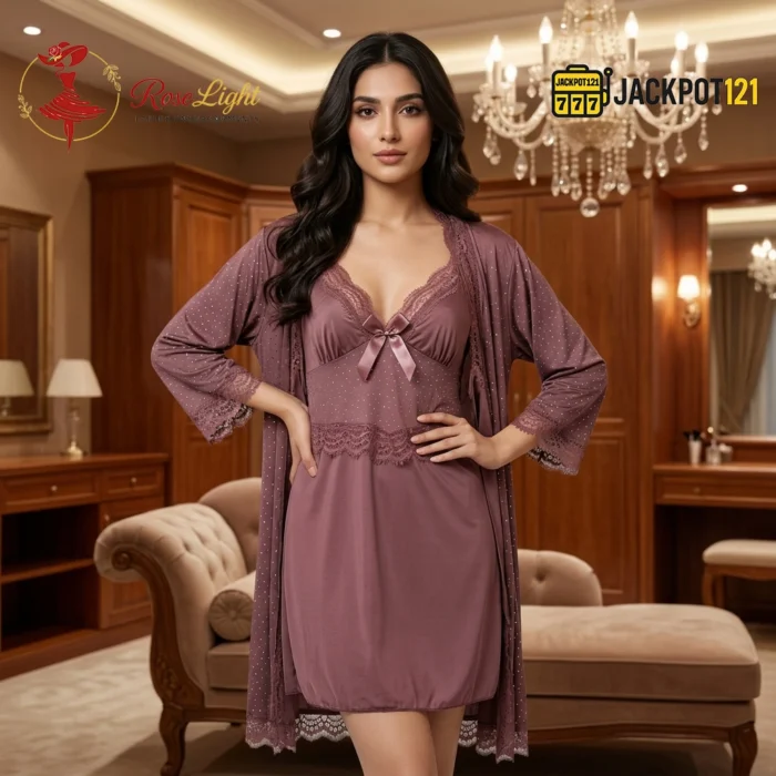 Twilight Lace Charm Nighty Set with Matching Robe – Elegant Short Sleepwear Collection - Image 2