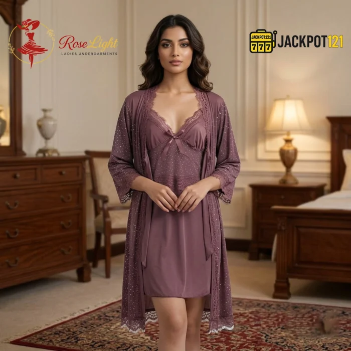 Twilight Lace Charm Nighty Set with Matching Robe – Elegant Short Sleepwear Collection - Image 3